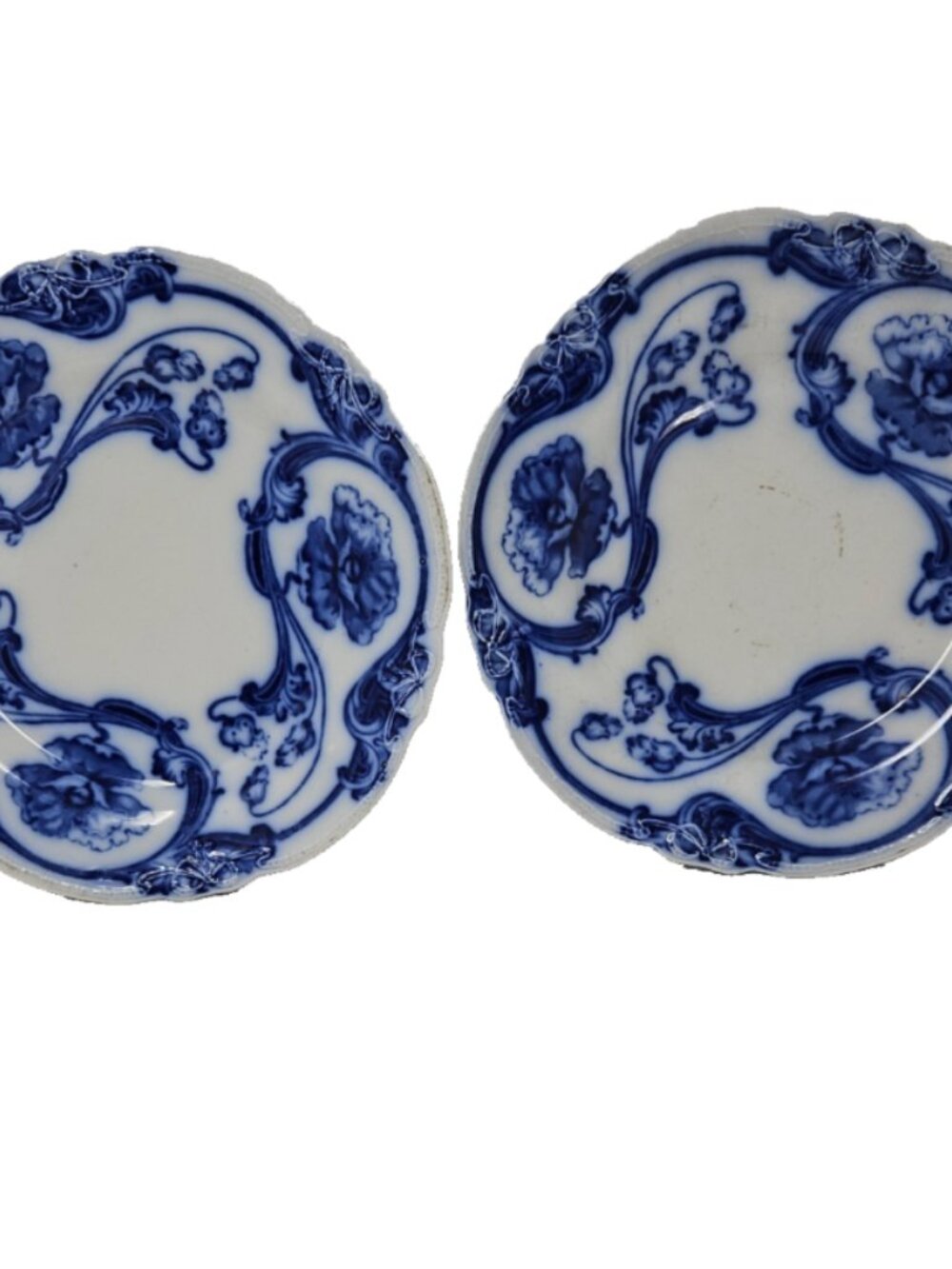 2 Antique 1891 English Staffordshire New Wharf Pottery Flow Blue Plates Poppy 9"